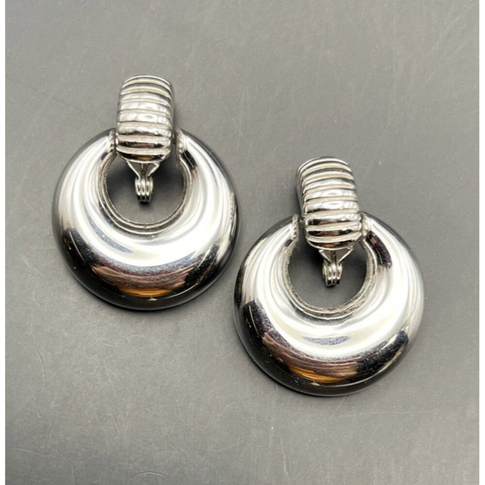 Monet Door Knocker Clip On Earrings Silver Tone Glossy Shiny Classic Vintage